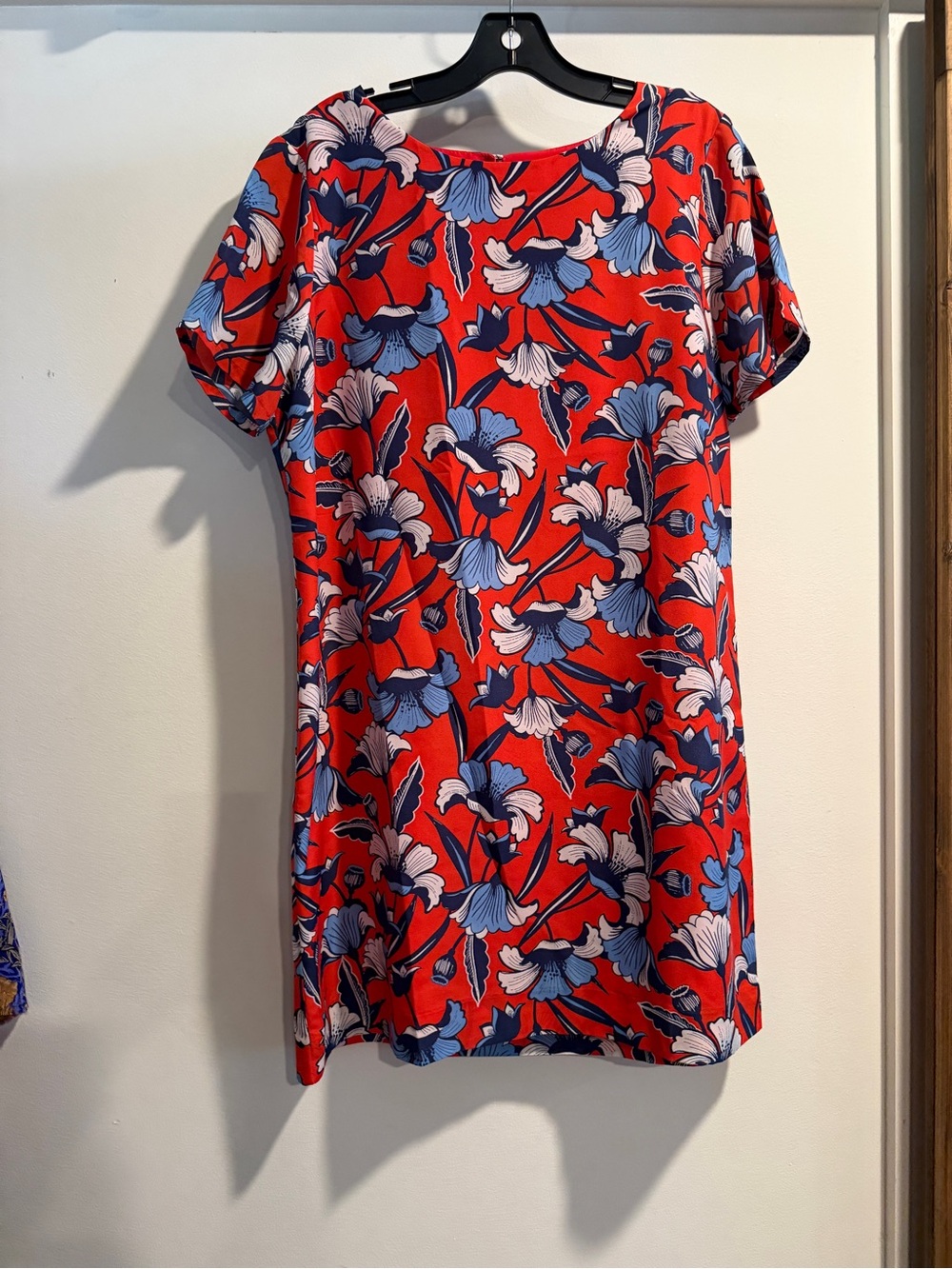 J. Crew Red Floral Shift Tunic with Blue and White Blooms
